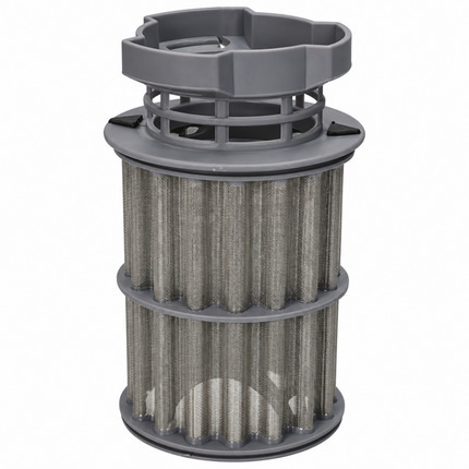 A cylindrical replacement vacuum filter with gray plastic end caps and a pleated metal mesh body, shown on a plain white background.
