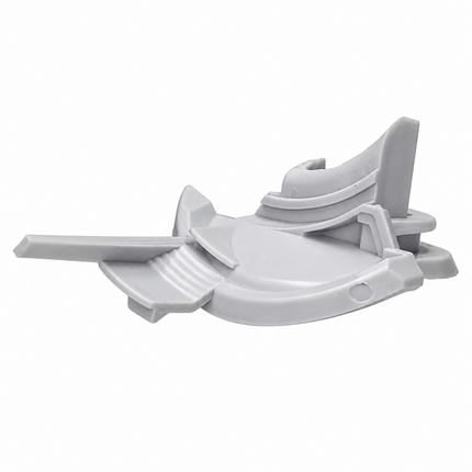 A light gray plastic accessory with a curved base, a flat extended arm on the left, and a tall vertical tab on the right, shown on a plain white background.