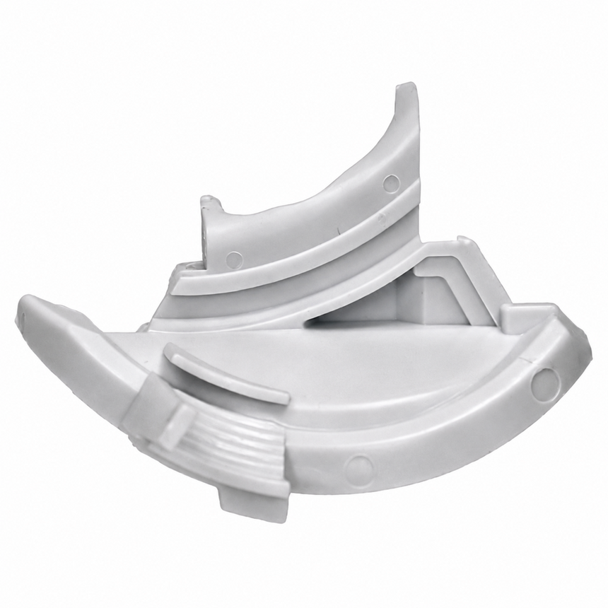A white molded plastic replacement part with curved, angular shapes and ribbed details, shown on a plain white background.