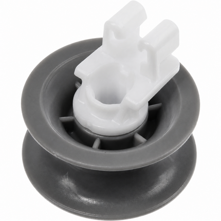 A replacement plastic pulley component with a dark gray outer flange and a white plastic mounting bracket on top, shown against a plain white background.
