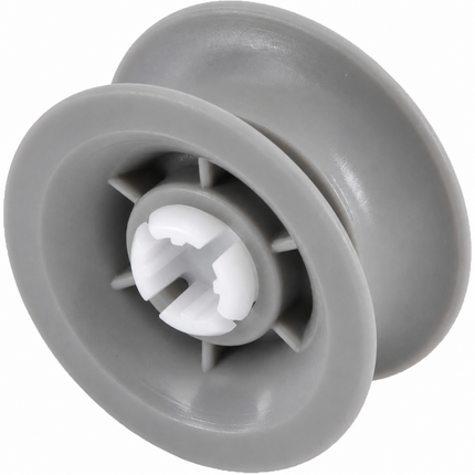 A gray plastic pulley or spool component with a white plastic center hub, shown on a plain white background.