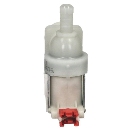 A small translucent white plastic pump or filter component with a red connector at the bottom, shown on a plain white background.