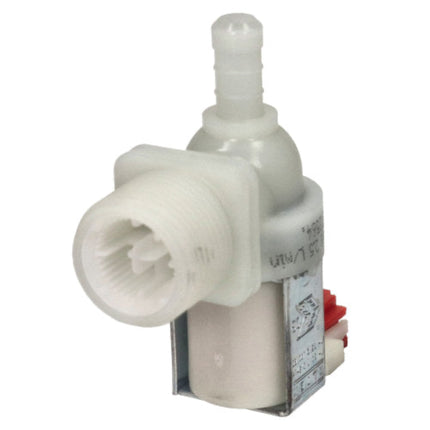 A white plastic water pump or solenoid valve with a threaded male connector, a ribbed male hose barb, and a small red terminal, shown on a plain white background.