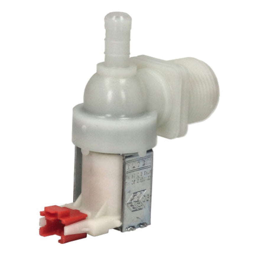 A white plastic inline water filter valve with a red plastic connector on one end and a silver metal terminal block on the other, shown against a plain white background.