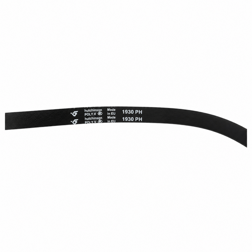 Black belt with brand and model information on a white background