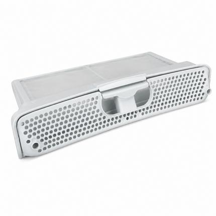 A white plastic car rearview mirror cover with a perforated grille design and a central mounting clip, shown on a plain white background.