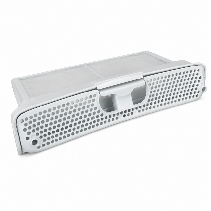 A white plastic car rearview mirror cover with a perforated grille design and a central mounting clip, shown on a plain white background.
