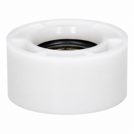 White cylindrical object with a central black component on a white background