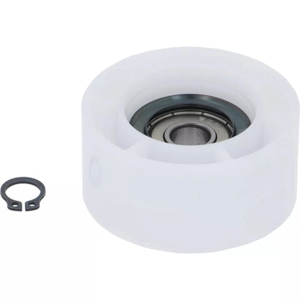 White pulley with bearing and washer on a white background