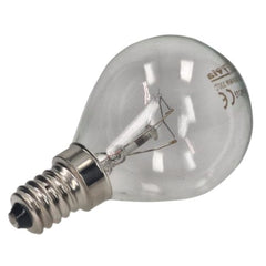 Clear light bulb with silver base on a white background