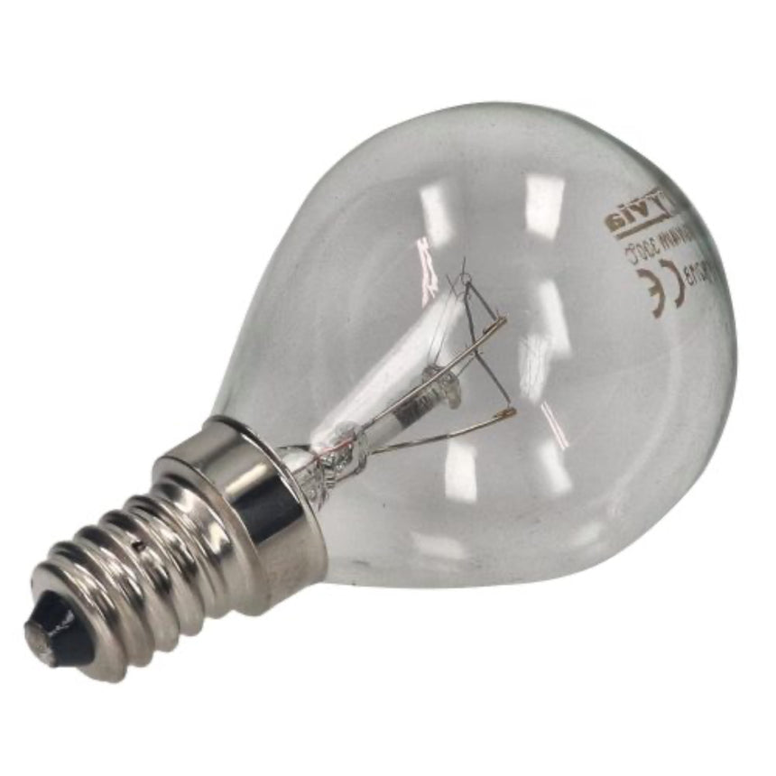 Clear light bulb with silver base on a white background
