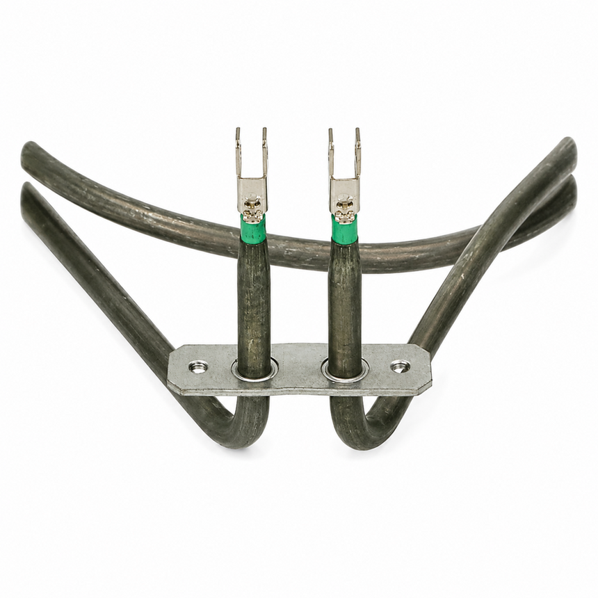 A metal double-heater coil with two thick dark gray heating elements connected to a silver metal mounting plate, featuring green insulating wraps around the terminal ends, shown on a solid white background.