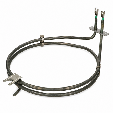 A replacement circular coil burner assembly for an appliance, featuring a dark coiled heating element with metal mounting brackets and two terminal ends with green-insulated wires, shown on a white background.