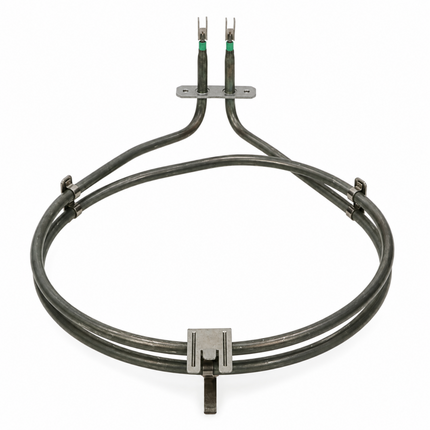 A replacement dual-heater coil, commonly used for water heaters or boilers, featuring a black coiled heating element with metal mounting brackets and two terminal leads with green insulation at the top, shown on a plain white background.