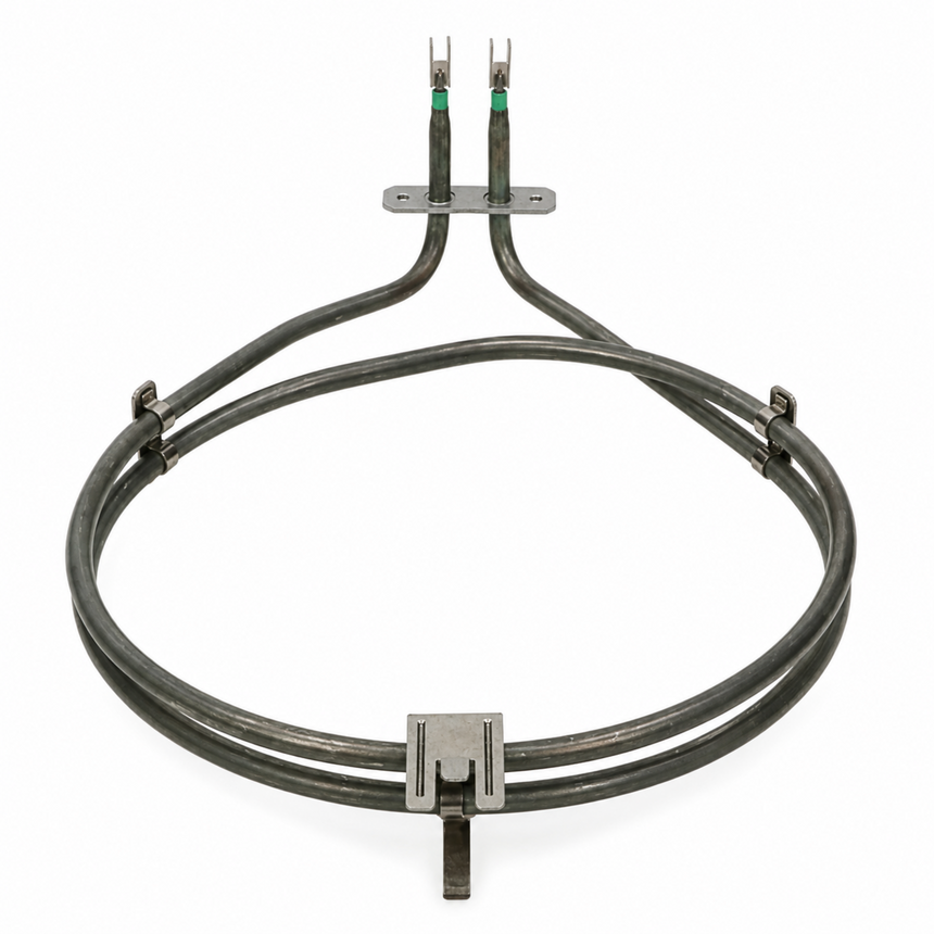 A replacement dual-heater coil, commonly used for water heaters or boilers, featuring a black coiled heating element with metal mounting brackets and two terminal leads with green insulation at the top, shown on a plain white background.