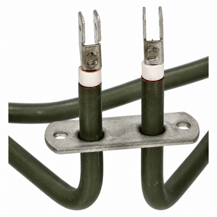 Close-up of a dark green electrical cable with two U-shaped wire sections connected to a metal terminal plate, featuring white and red insulating rings on a white background.