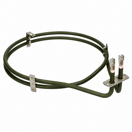 A pair of dark olive green heating element coils with silver metal terminal clamps and mounting brackets, shown on a plain white background.