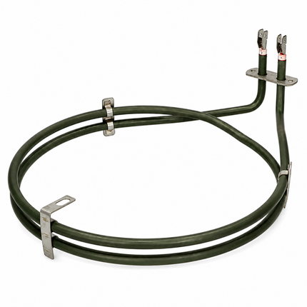 A dark green electric coil heating element with silver metal mounting brackets and wire leads, shown on a solid white background.