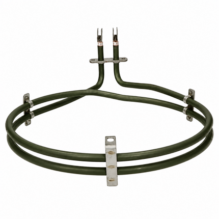 A dark green electric heating coil, commonly used for water heaters or furnaces, featuring silver metal mounting brackets and dual terminal leads at the top, shown on a plain white background.
