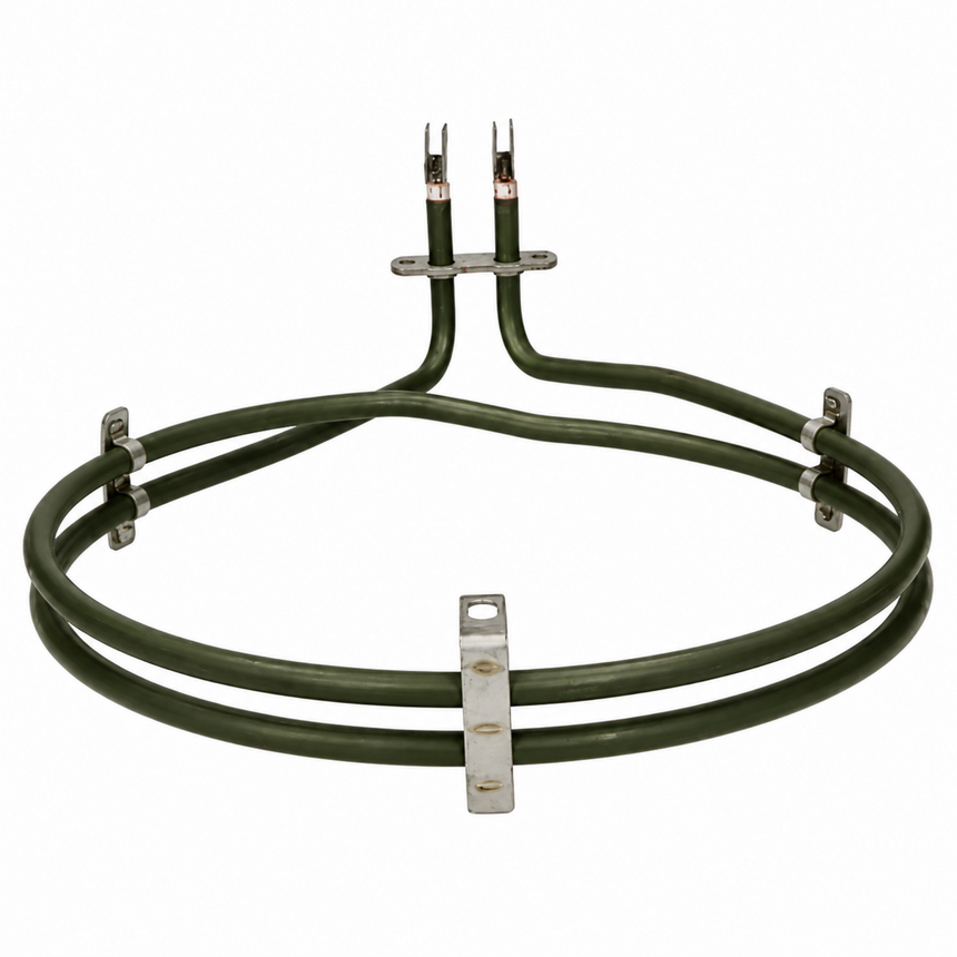 A dark green electric heating coil, commonly used for water heaters or furnaces, featuring silver metal mounting brackets and dual terminal leads at the top, shown on a plain white background.
