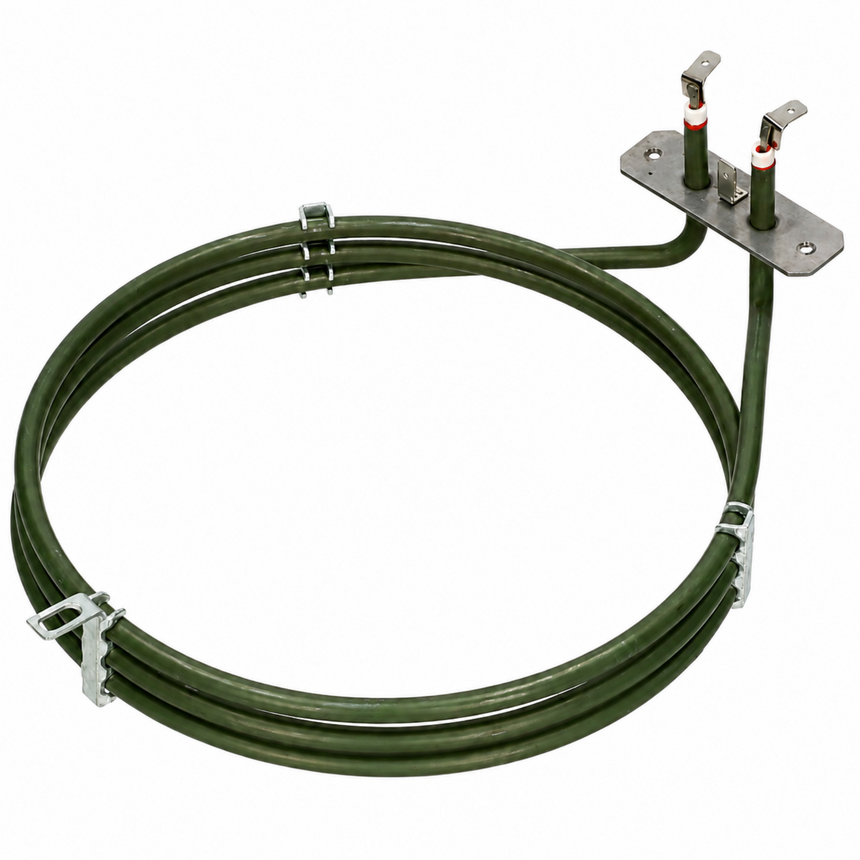 An electric coil heating element with a coiled dark green body, silver metal mounting plates, and red insulating tips, shown on a plain white background.