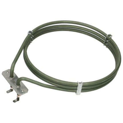 An electric coil heating element with a dark olive green insulated wire loop and silver metal terminal ends, shown on a plain white background.
