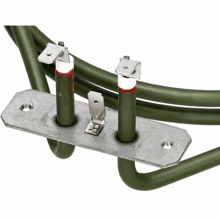 Close-up of a metal terminal block with two green insulated rods and silver screw clamps on a white background.
