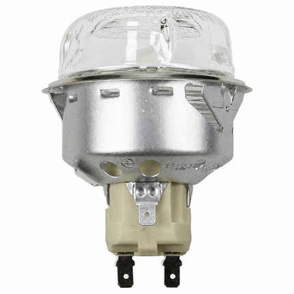 A replacement lamp bulb with a clear glass envelope, a silver metal reflector, and a beige plastic base with two black pins, shown against a plain white background.