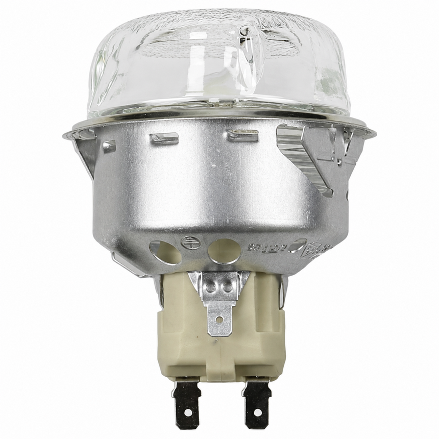 A replacement lamp bulb with a clear glass envelope, a silver metal reflector, and a beige plastic base with two black pins, shown against a plain white background.