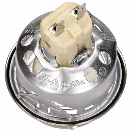 A round metal water heater thermostat or thermocouple assembly with a beige plastic connector, shown on a plain white background.