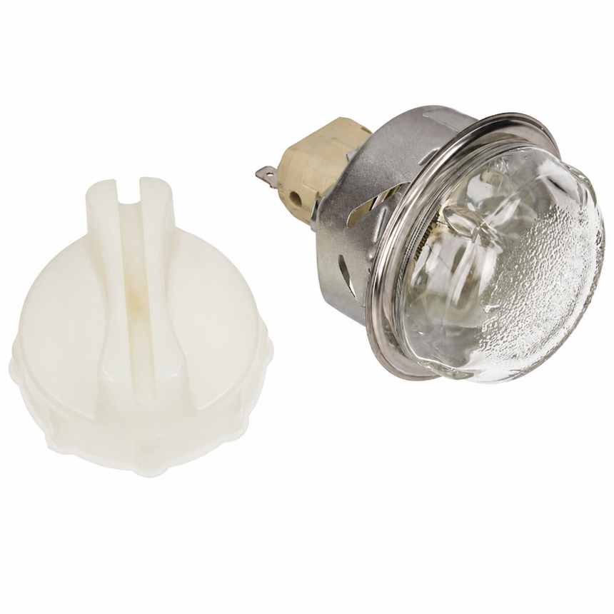 A replacement incandescent light bulb and its white plastic base cap, shown on a plain white background.