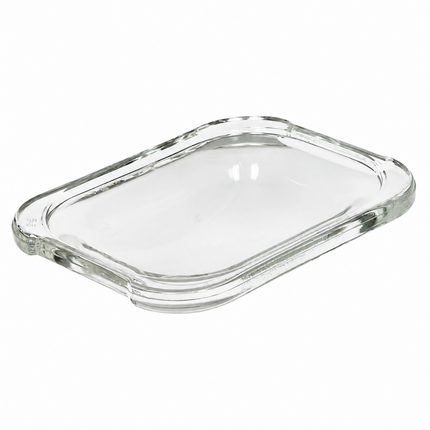 A clear glass rectangular tray with rounded corners and raised rim, shown on a plain white background.