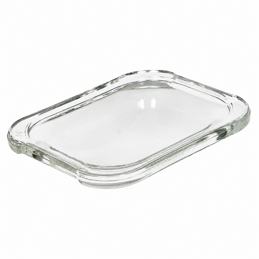 A clear glass rectangular tray with rounded corners and raised rim, shown on a plain white background.