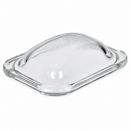 A clear glass baking dish with a raised lid, shown on a plain white background.