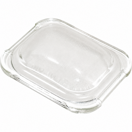A clear glass butter dish with a rounded rectangular shape and raised lid, shown on a plain white background.