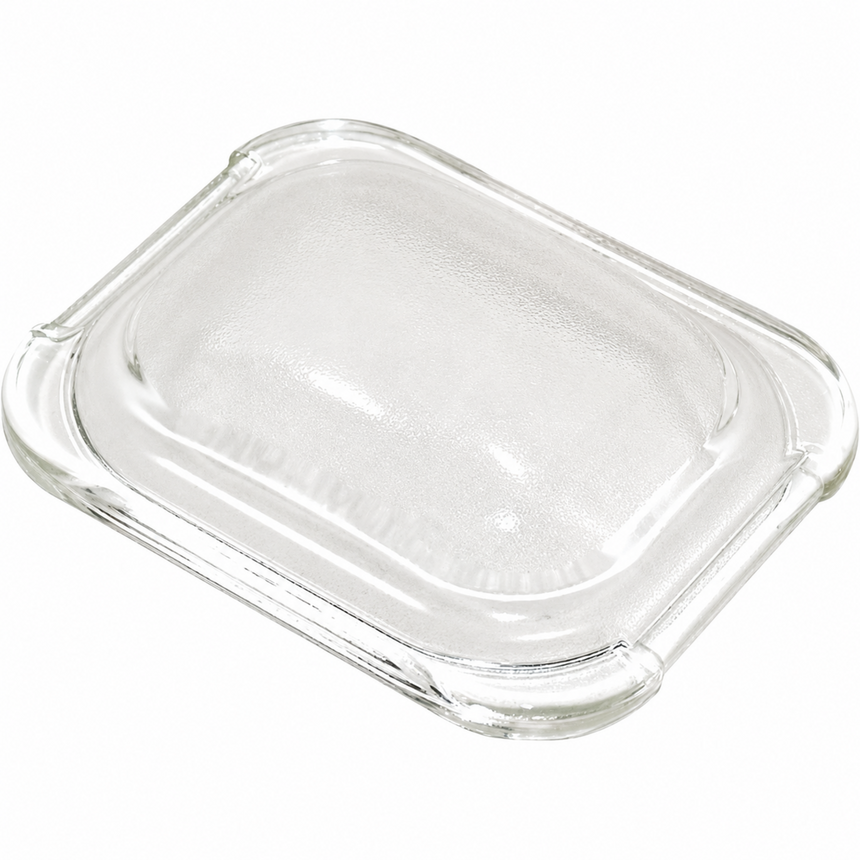 A clear glass butter dish with a rounded rectangular shape and raised lid, shown on a plain white background.
