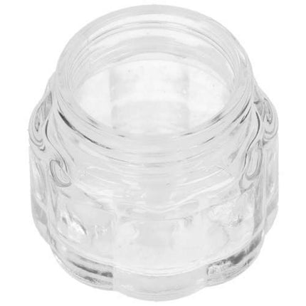 A small clear glass jar with a scalloped, embossed pattern and an open top, shown on a plain white background.
