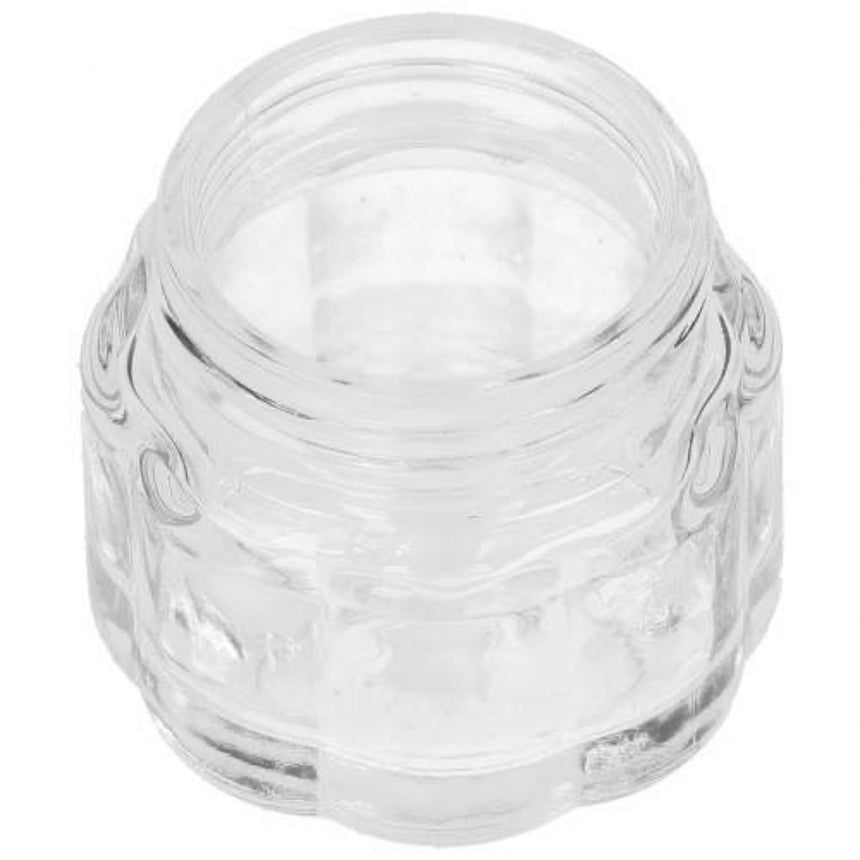 A small clear glass jar with a scalloped, embossed pattern and an open top, shown on a plain white background.