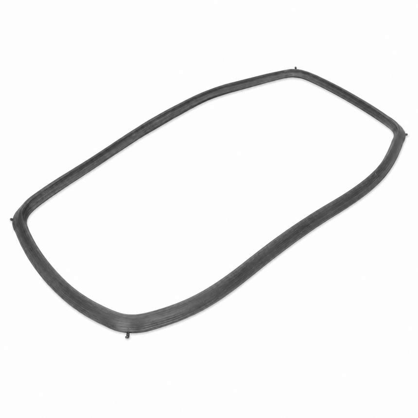 A dark gray rubber door seal or gasket shown on a plain white background.