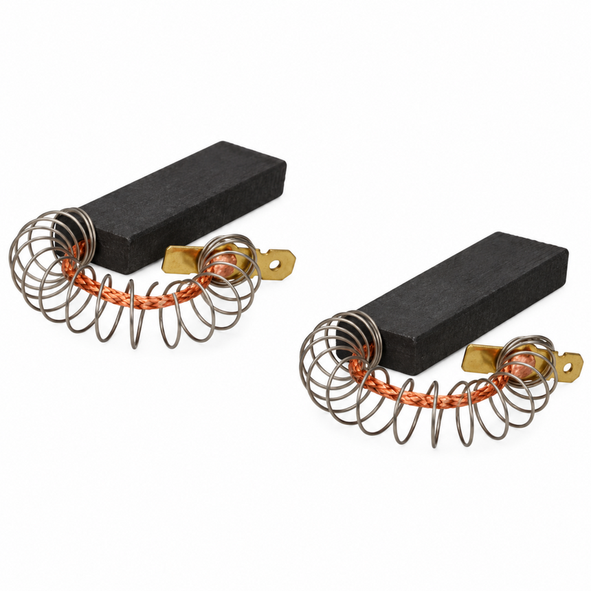 Two charcoal briquette wire winders with black rectangular briquettes, copper coils, and brass terminal clips on a white background.