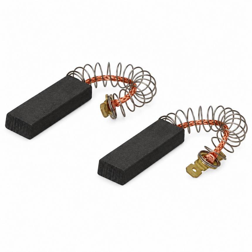 Two replacement carbon motor brushes with black rectangular carbon blocks, copper-colored wire springs, and brass metal contacts on a white background.