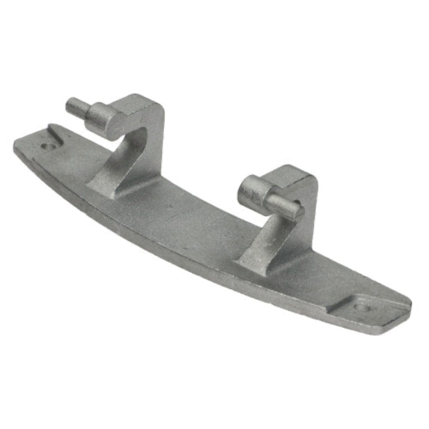 A cast iron door hinge bracket with two mounting bolts, shown on a plain white background.