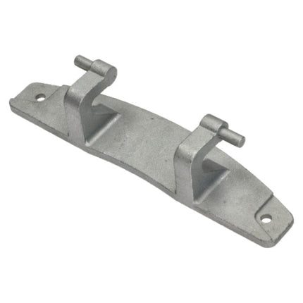 A galvanized steel hardware bracket with two mounting holes and two threaded bolt assemblies, shown on a plain white background.