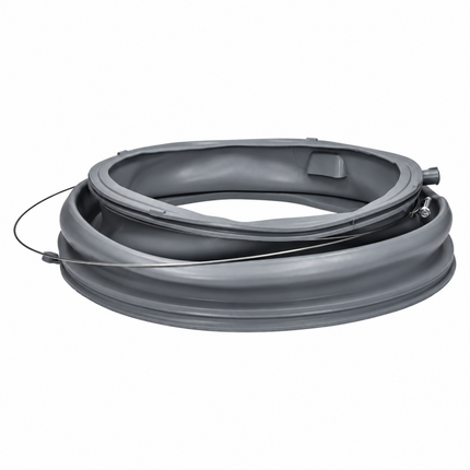 A gray collapsible inflatable pool liner shown coiled on a plain white background.