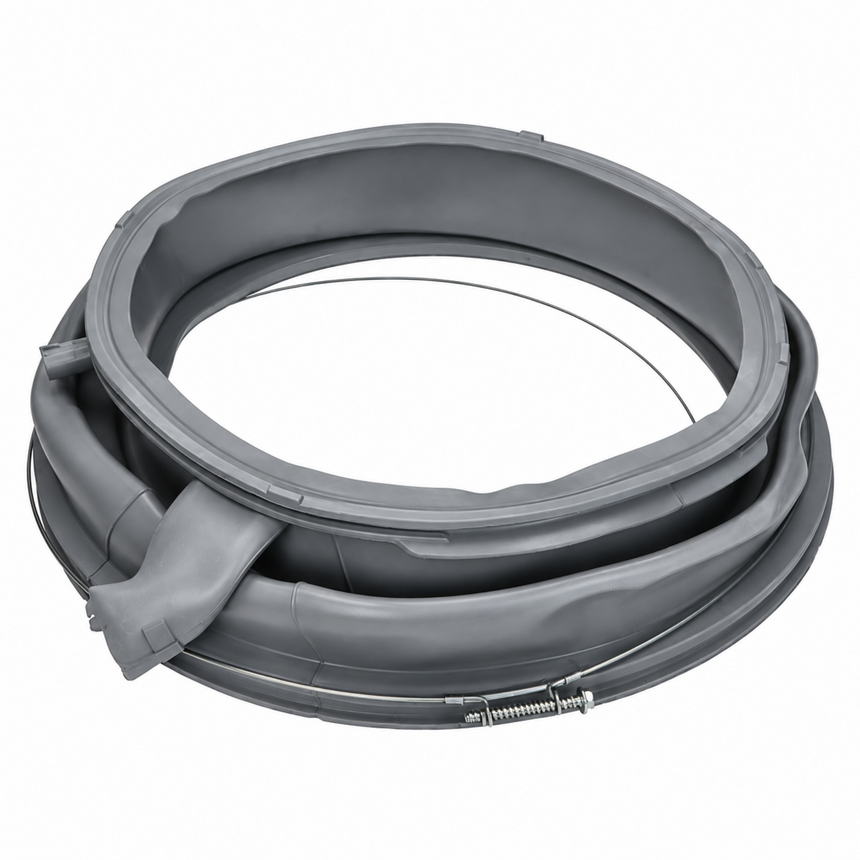 A gray coiled rubber gasket or seal with a metal spring and small screw fastener, photographed on a plain white background.