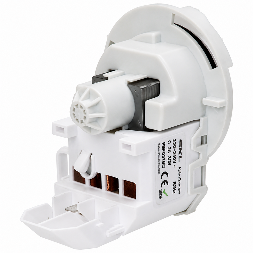 A white plastic electrical switch component with a small black motor or connector and printed technical labels, photographed on a plain white background.