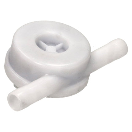 A small white plastic pump or dispenser component with a circular body, central opening, and two short cylindrical ports, shown on a plain white background.