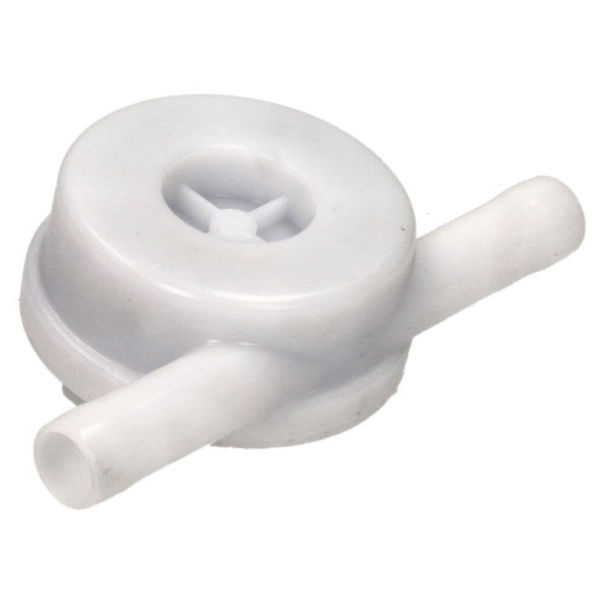 A small white plastic pump or dispenser component with a circular body, central opening, and two short cylindrical ports, shown on a plain white background.
