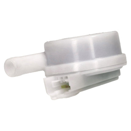 A white translucent plastic automotive or appliance component with a cylindrical connector on one end and a molded body with a small green accent visible on the side, isolated on a white background.