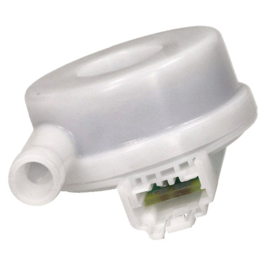 White plastic water level switch sensor with a cylindrical port on one side and a multi-pin connector on the other, shown against a plain white background.